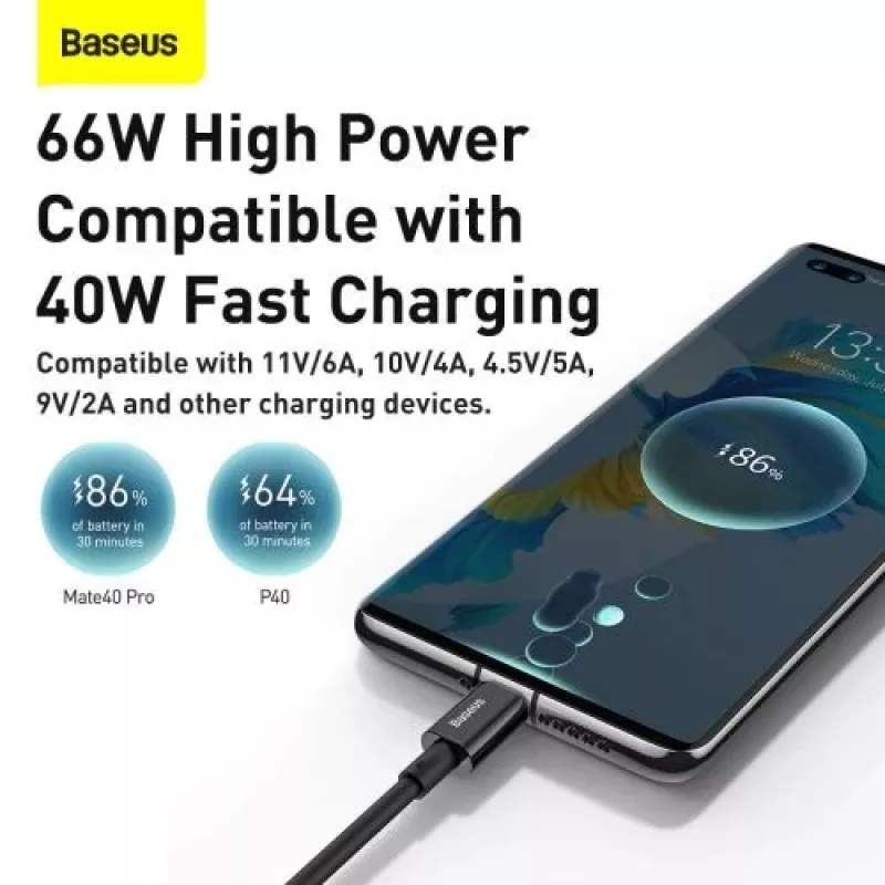Baseus Superior Series USB-A auf USB-C Schnelllade- und Datenkabel, 66W (11V/6A), 2m, Schwarz (CATYS-A01)