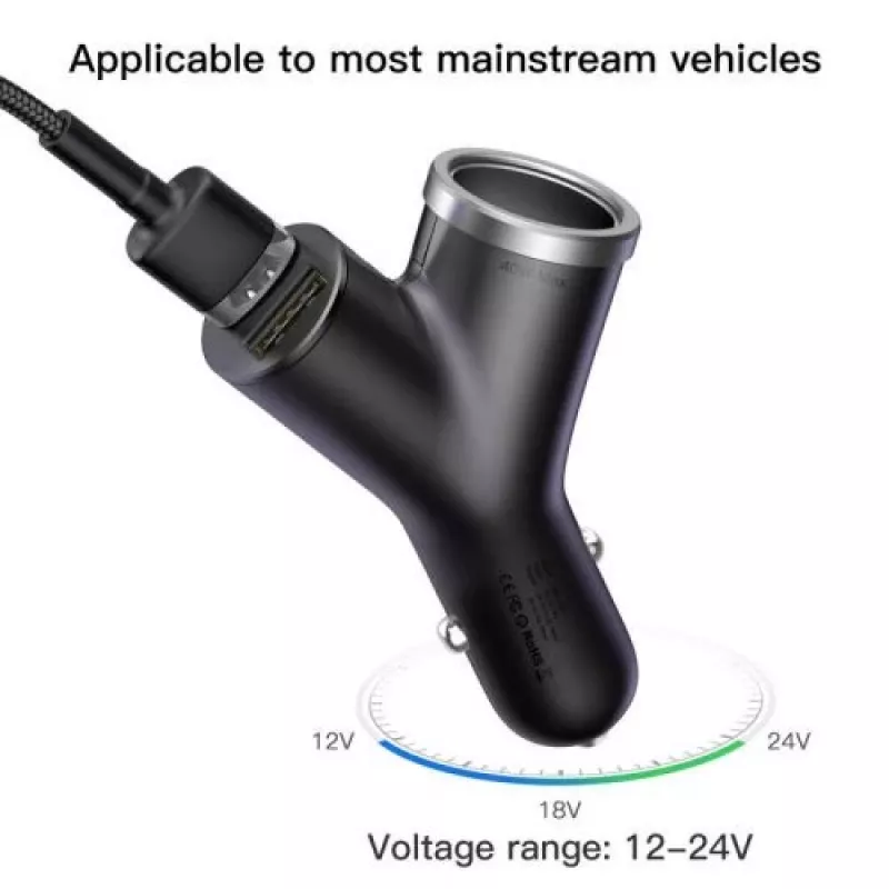 Baseus Y Type Auto-Ladegerät, 2 USB + Zigarettenanzünder-Buchse, 3,4A, Schwarz (CCALL-YX01)