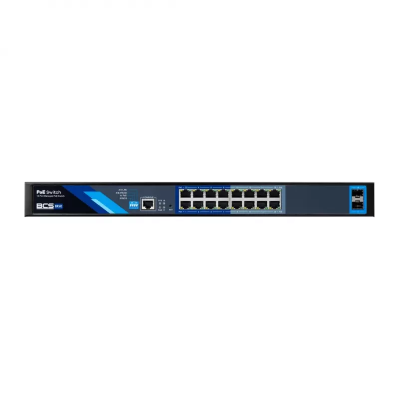 BCS B-SP16G-2SFP-M Industrial Unmanaged 16-Port Gigabit PoE+ Switch mit 2 SFP-Steckplätzen, 240W PoE-Budget, Hutschienenmontage