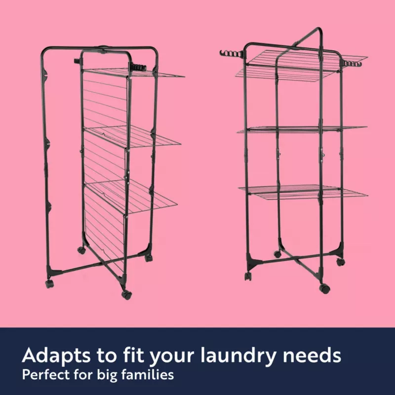 Beldray LA035747BLKFSDUFEU7 30 Metre Tower Airer - 3-Tier Foldable Drying Rack with Castor Wheels, Black/Grey