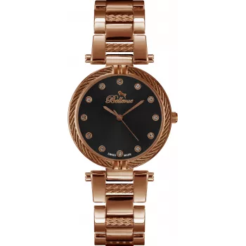 BELLEVUE D26 Damen-Quarz-Analoguhr 32mm Edelstahlgehäuse Schwarzes Lederarmband