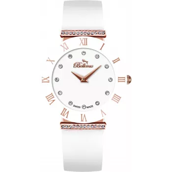 BELLEVUE E120 Damen-Quarz-Analoguhr 26mm Edelstahlgehäuse weißes Zifferblatt schwarzes Lederarmband