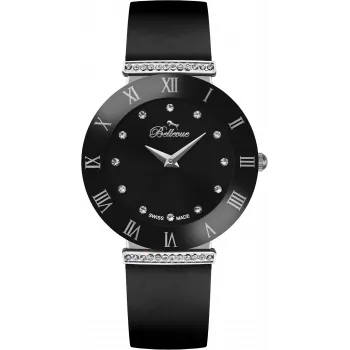 BELLEVUE E126 Damen Analog Quarzuhr 26mm Silbernes Zifferblatt Schwarzes Lederarmband