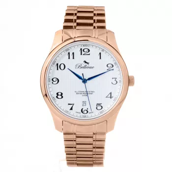 BELLEVUE FB4 Damen Quarz Analog Uhr 40mm Edelstahl Schwarzes Zifferblatt Lederarmband