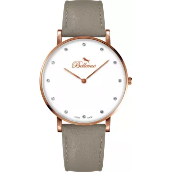 BELLEVUE Woman B56 40mm Quarz Analog Uhr Edelstahlgehäuse Schwarzes Lederarmband