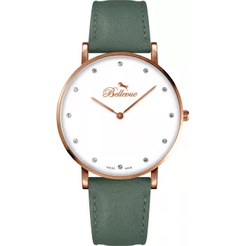 BELLEVUE Woman B57 40mm Quarz Analog Uhr Silbernes Zifferblatt Schwarzes Leder