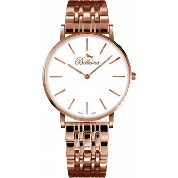 BELLEVUE Woman D32 40mm Quarz Analoguhr Silbernes Zifferblatt Schwarzes Lederarmband