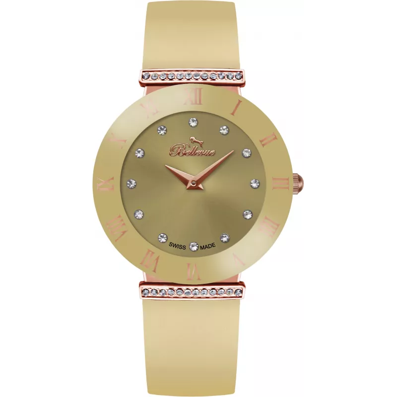 BELLEVUE Woman E106 Quarz Analoguhr 26mm Edelstahlgehäuse Weißes Zifferblatt Schwarzes Lederarmband