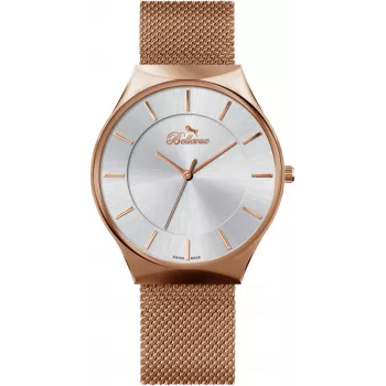 BELLEVUE Woman E53 40mm Edelstahl Quarzuhr mit schwarzem Lederarmband