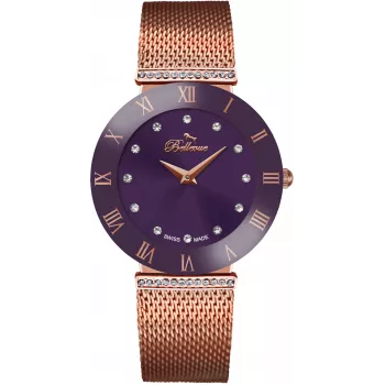 BELLEVUE Damen F114 Quarz Analog Uhr 26mm Edelstahl Leder Schwarz