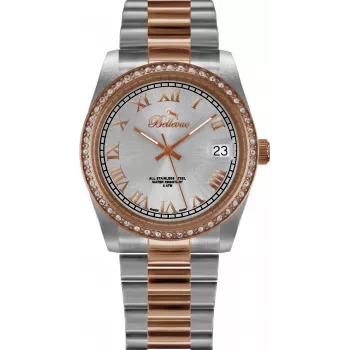 BELLEVUE Woman I21 36mm Analog-Quarzuhr Silbernes Zifferblatt Schwarzes Lederarmband