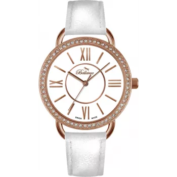 BELLEVUE Damen A66 Quarzuhr 38mm Edelstahl Weißes Zifferblatt Schwarzes Leder