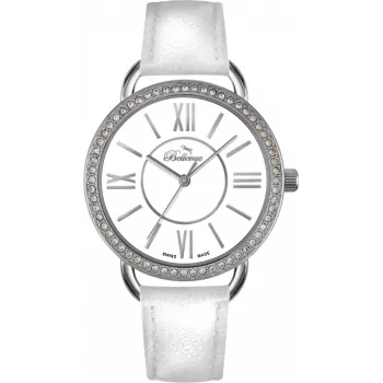 BELLEVUE Damen-A69-Quarzuhr 38mm weißes Zifferblatt schwarzes Leder