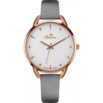 BELLEVUE Damen Analog Quarzuhr B34 38mm Edelstahlgehäuse Weißes Zifferblatt Schwarzes Lederarmband