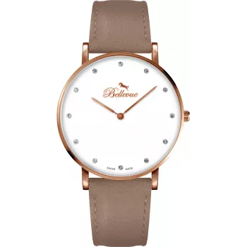 BELLEVUE Damen Quarz Analog Uhr B53 40mm Edelstahlgehäuse Schwarzes Lederarmband