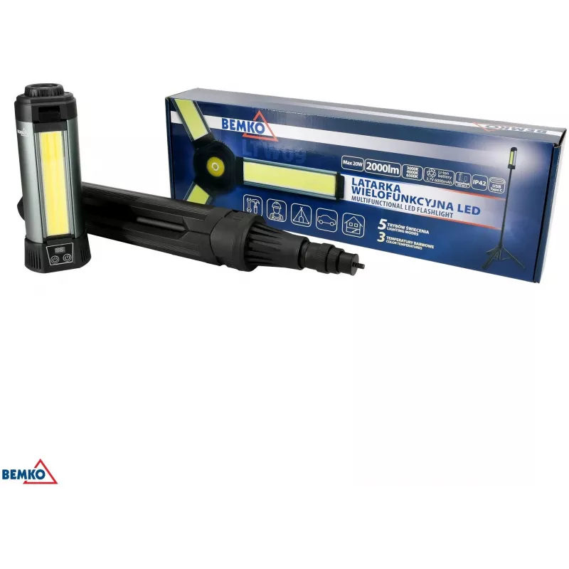BEMKO Multifunktionale LED-Taschenlampe 6000mAh IP42, 1000 Lumen, USB-C wiederaufladbar