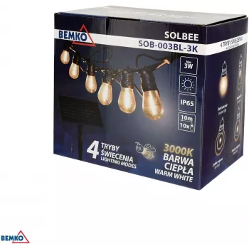 BEMKO SOLBEE Solarbetriebene LED-Gartenlichterkette 10 LEDs 10m Warmweiß 3000K IP65 Schwarz