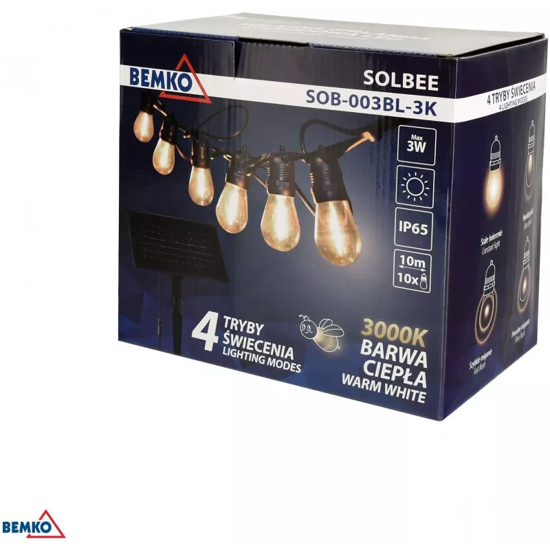 BEMKO SOLBEE Solarbetriebene LED-Gartenlichterkette 10 LEDs 10m Warmweiß 3000K IP65 Schwarz