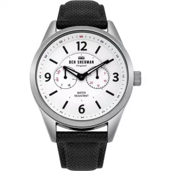 BEN SHERMAN Herren Quarz Analoguhr WB069WB 45 mm schwarzes Zifferblatt schwarzes Lederarmband