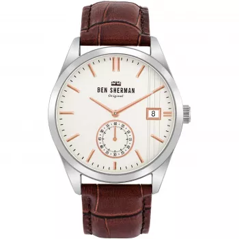 BEN SHERMAN Herrenuhr WB039T 43mm braunes Lederarmband schwarzes Zifferblatt