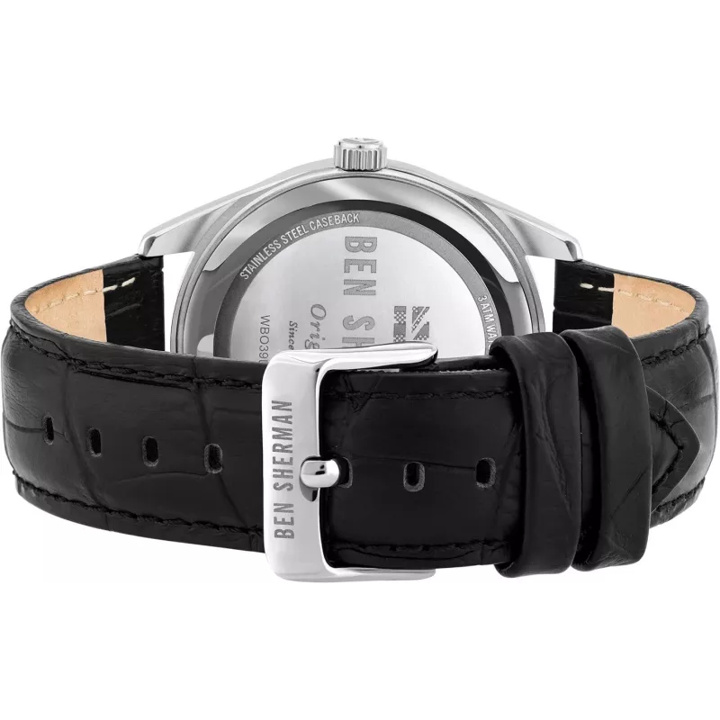 Ben Sherman Herren WB039BB Analog-Quarzuhr 43mm schwarzes Zifferblatt schwarzes Lederarmband