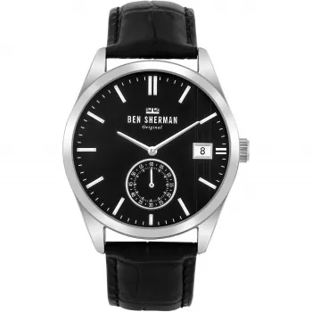 Ben Sherman Herren WB039BB Analog-Quarzuhr 43mm schwarzes Zifferblatt schwarzes Lederarmband