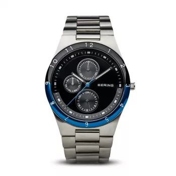 BERING Herren Classic Minimalist Quarzuhr 39mm Titangehäuse Blaues Zifferblatt Graues Edelstahl-Mesh-Armband 32339-702