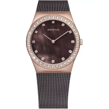 BERING Damen Classic Quarz Analog Uhr 26mm Edelstahl Roségold und Braun