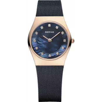 BERING Damen Classic Quarzuhr 26mm Roségold Edelstahl Mesh braunes Sunray-Zifferblatt