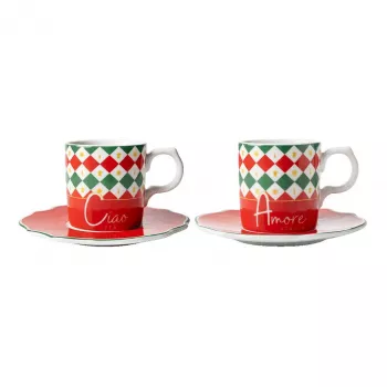Bialetti Tricolore Espressotassen-Set mit Untertassen (2 Tassen, 2 Untertassen)