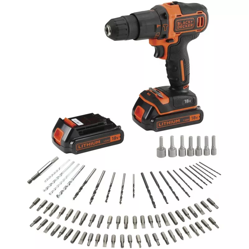 BLACK+DECKER 18V Akku-Schlagbohrschrauber BDCHD18BAFC, Schwarz/Orange, 2x 1,5 Ah Li-Ion Akkus, 80-teiliges Zubehörset, Koffer