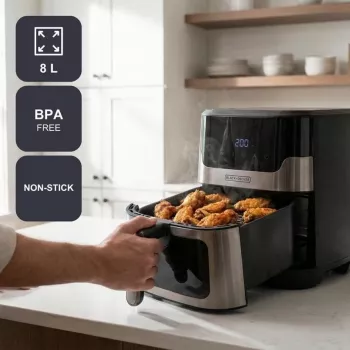 BLACK+DECKER BXAF8001E 8L Digitale Heißluftfritteuse, 1700W, 8 Programme, Antihaft-Korb, Schwarz