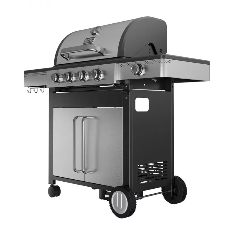 Black+Decker BXOG16550E Gasgrill, 4 Brenner mit Seitenbrenner, 16,5 kW, Schwarz & Edelstahl