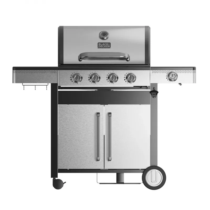 Black+Decker BXOG16550E Gasgrill, 4 Brenner mit Seitenbrenner, 16,5 kW, Schwarz & Edelstahl