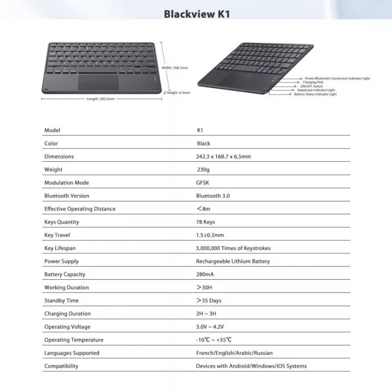 Blackview K1 Bluetooth Keyboard Wireless Ultra Slim 10 inch – 280mAh Akku, Bluetooth 3.0, Kompatibel mit Windows / Android / iOS, Schwarz Grau