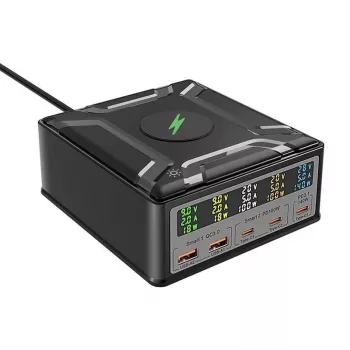 BlitzWolf BW-S28 260W GaN USB-C Ladestation, 2xUSB-A, 3xUSB-C, 15W Wireless Charger, Schwarz