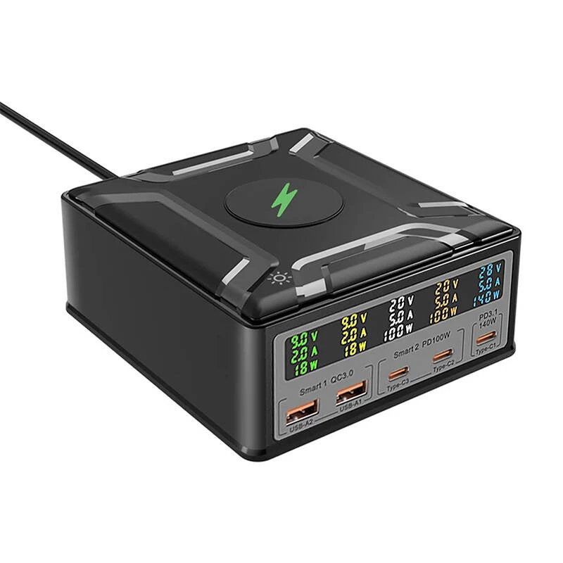 BlitzWolf BW-S28 260W GaN USB-C Ladestation, 2xUSB-A, 3xUSB-C, 15W Wireless Charger, Schwarz