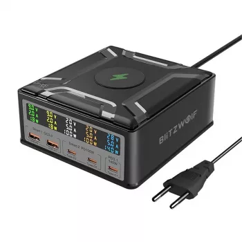 BlitzWolf BW-S28 260W GaN USB-C Ladestation, 2xUSB-A, 3xUSB-C, 15W Wireless Charger, Schwarz