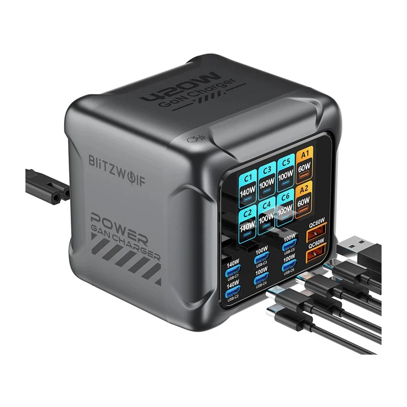 Blitzwolf BW-S33 420W 8-Port USB-A Ladegerät, Schwarz