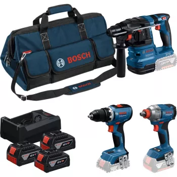 BOSCH Power Tools 18V Professional Combo Kit: Rotary Hammer GBH 18V-22 + Drill Driver GSR 18V-65 + Impact Wrench GDX 18V-285 (Blau/Schwarz, 3x 5,0 Ah Li-Ion Akkus, Werkzeugtasche)