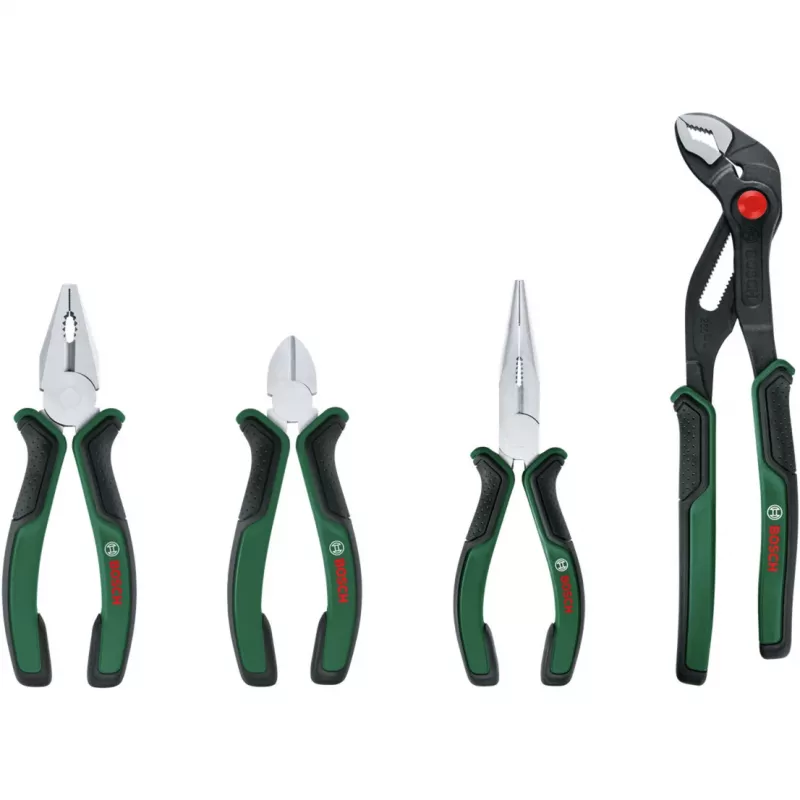 Bosch Powertools 4-teiliges Zangen-Set 1600A02W7K mit Kombinations-, Seitenschneider-, Spitz- und Wasserpumpenzange, Grün/Schwarz