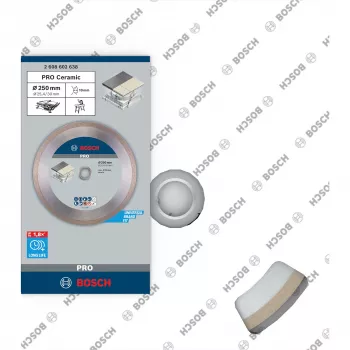 Bosch PRO Keramik-Diamanttrennscheibe, 250 mm Durchmesser, 30 mm Bohrung (mit 25,4 mm Reduzierring), durchgehende Kante, Nass-/Trockenschnitt