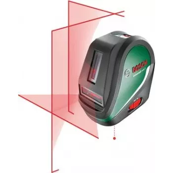 Bosch Universal Level 3 Kreuzlinienlaser mit Lotpunkten, 10 m Reichweite, roter Strahl, ±0,5 mm/m Genauigkeit, automatische Selbstnivellierung, 1/4 Zoll Stativgewinde, 4x AA Batterien 0603663904
