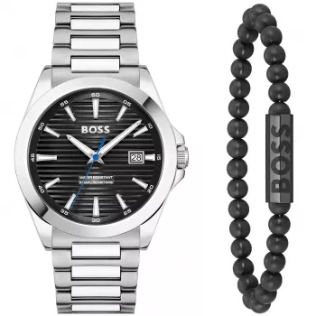 BOSS Herrenuhr 1570180 41mm Edelstahlgehäuse Schwarzes Lederarmband Analog Quarz