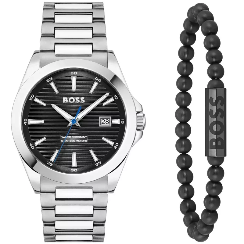 BOSS Herrenuhr 1570180 41mm Edelstahlgehäuse Schwarzes Lederarmband Analog Quarz
