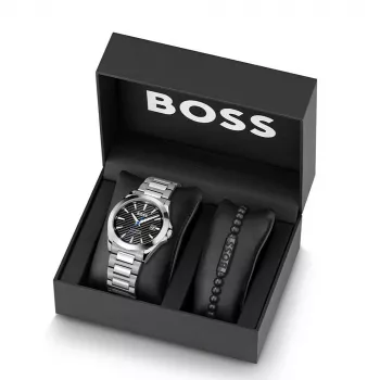 BOSS Herrenuhr 1570180 41mm Edelstahlgehäuse Schwarzes Lederarmband Analog Quarz