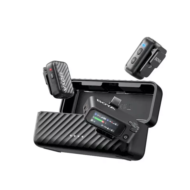 BOYA BOYAMIC 2-02 Drahtloses Mikrofonsystem 2,4 GHz, KI-gestützte Rauschunterdrückung, 2 Empfänger + 1 Sender (USB-C) Schwarz
