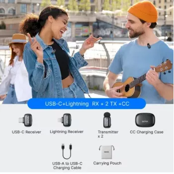 BOYA Mini 2-01 Drahtloses Mikrofonsystem 2,4 GHz mit 2 Sendern und 2 Empfängern (USB-C und Lightning) Schwarz