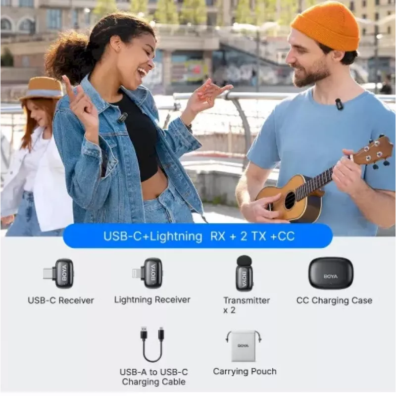 BOYA Mini 2-01 Drahtloses Mikrofonsystem 2,4 GHz mit 2 Sendern und 2 Empfängern (USB-C und Lightning) Schwarz
