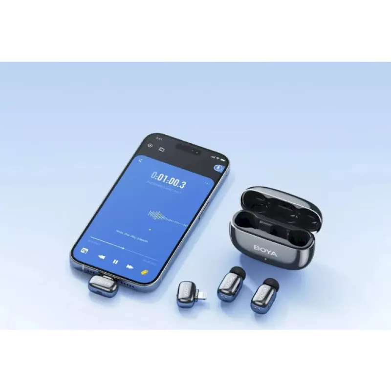 BOYA Mini 2-01 Drahtloses Mikrofonsystem 2,4 GHz mit 2 Sendern und 2 Empfängern (USB-C und Lightning) Schwarz